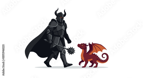 Black armored knight meeting small red dragon vector illustration