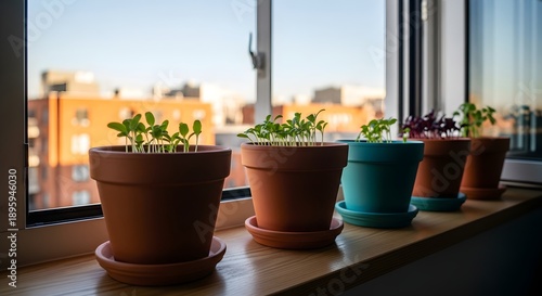 Growing Seedlings in Pots on Window Sill, Nurturing New Plants with Sunlight