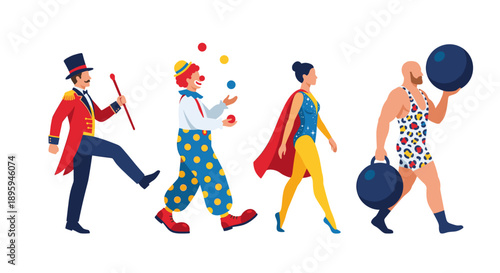 Circus performers walking in parade vector illustration