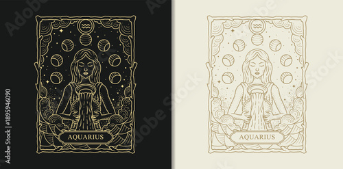 Aquarius Zodiac Symbol, Engraved Hand-Drawn Illustration in Luxury Esoteric Boho Style