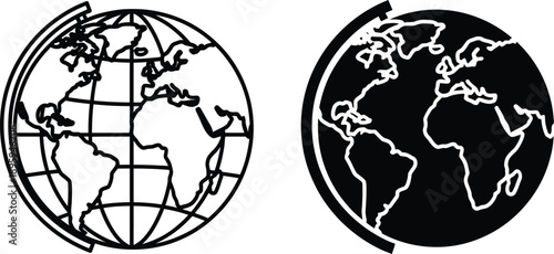 Illustration of Two Globes One Black and White Outline, One Solid Black Silhouette