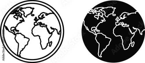 Earth Icons Black and White World Outline Globe Design Elements Illustration