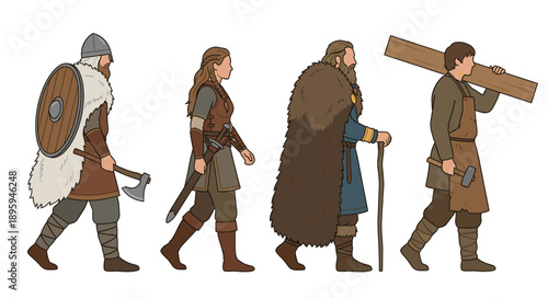 Diverse Viking group walking in profile vector illustration