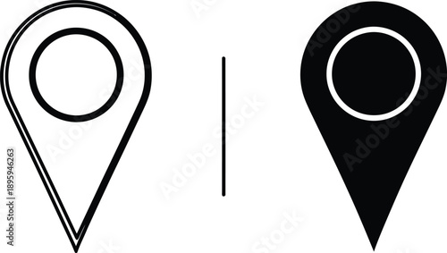 Two Location Pin Icons, One Hollow and Outlined, Separated by a Line, Black and White