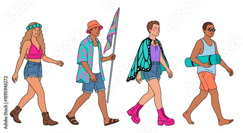 Diverse young people walking in festival outfits vector illustration