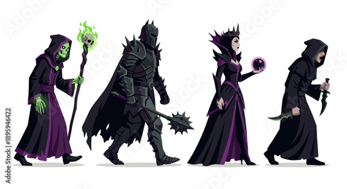 Fantasy villains and dark RPG characters walking vector illustration