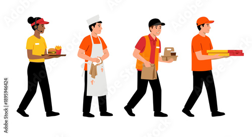 Fast food restaurant staff and delivery couriers carrying orders vector illustration