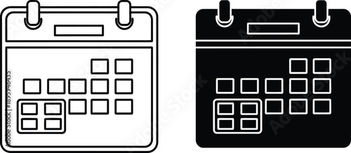 Outlined and Solid Black Calendar Icons Showcasing Appointment Date with Square Blocks on White Background