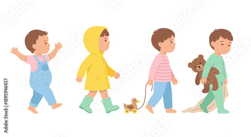 Four toddlers walking together showing various emotions vector illustration