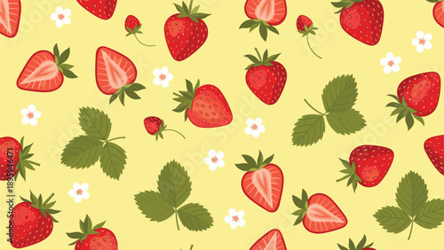Vibrant and fresh pattern of whole and sliced red strawberries with green leaves and small white blossoms on a bright yellow backdrop.