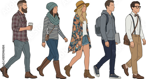 Group of diverse fashionable people walking vector illustration