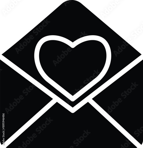 Black envelope with a heart silhouette isolated on transparent background