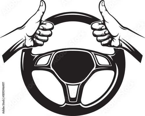 Black and white graphic of two hands giving thumbs up gesture while holding a car steering wheel representing safe driving and approval