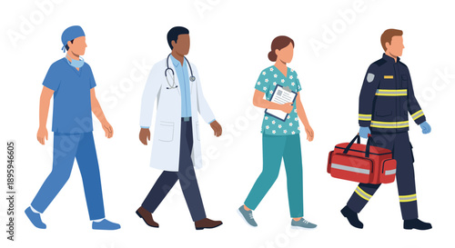 Medical team and first responders walking vector illustration