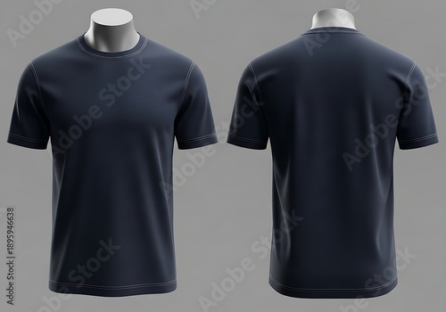 Front and back view of navy blue t-shirt on mannequin displayed