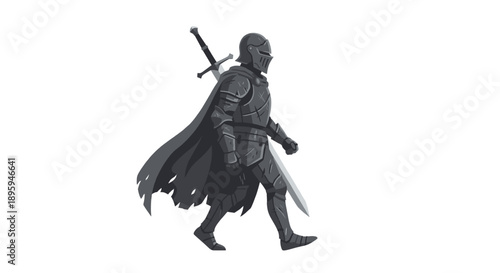 Medieval knight in black armor walking vector illustration