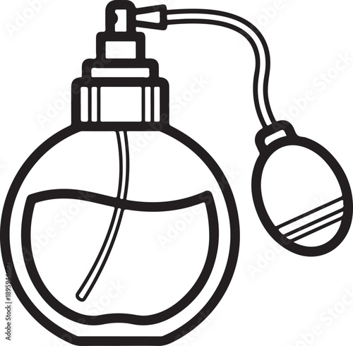 Black and white hand drawn sketch of a vintage perfume bottle with an atomizer isolated on a transparent background