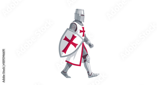 Medieval Templar knight walking with shield vector illustration
