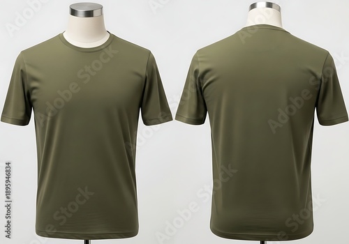 Front and back view of olive green t-shirt on mannequin displayed