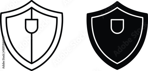 Two Protection Shield Icons Outline Style Security Symbol and Solid Black Safety Emblem