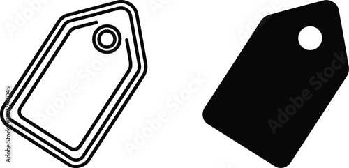 Outline and Solid Black Price Tags with Circular Holes for Hanging on White Background