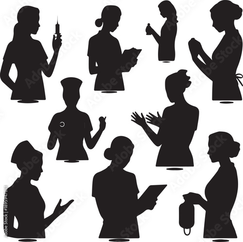 set of silhouettes of women doing different actions and activities