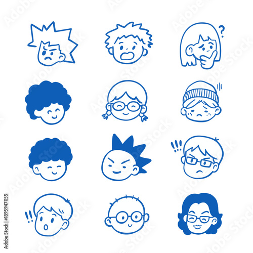 Hand drawn blue doodle avatar set with various facial expressions and emotions