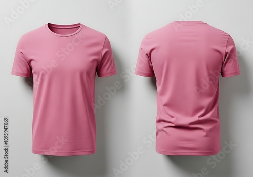 Front and back view of pink t-shirt on wall displayed