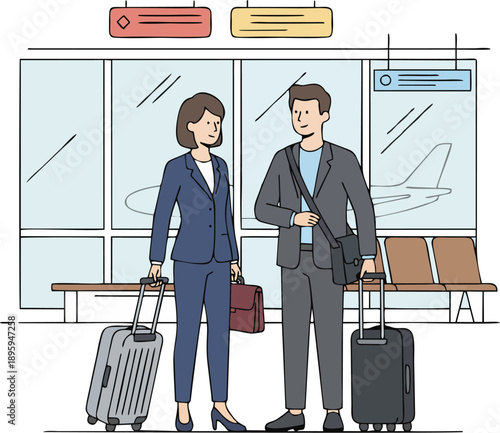 Business Couple Travelers Suits Briefcase Shoulder Bag Luggage Waiting Airport Gate Airplane View Flat Line Art