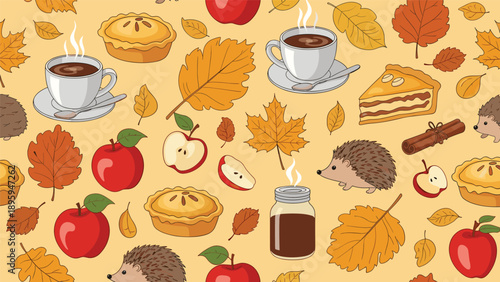 Cozy autumn pattern featuring steaming coffee cups, apple pies, small hedgehogs, and colorful falling leaves on a light background for fall.