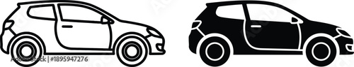 Twodoor Hatchback Car Outline Black Silhouette and White Contour Illustration Isolated on White