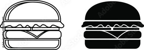 Black and White Burger Illustration Featuring Line Art and Solid Fill Icon Set Style