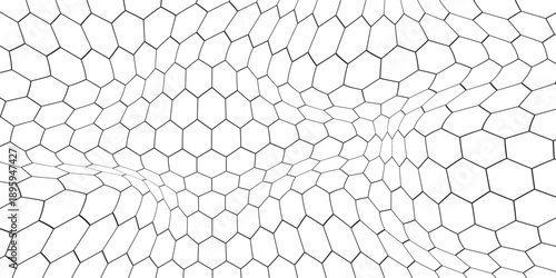 Fishing or soccer net. Repeated hexagon pattern. Black wired mesh texture isolated on white background. Metallic or fabric fence, cage or lattice structure. Vector graphic Illustration.