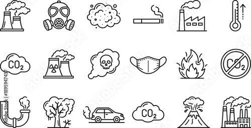 “Pollution and CO2 emission icon set, environmental hazard symbols, air quality contamination graphics, climate change and toxic smoke vector collection”