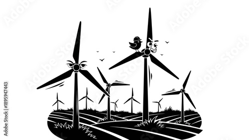 Sustainable energy wind turbine farm with funny character faces and bird mascot in field landscape silhouette vector illustration for green power