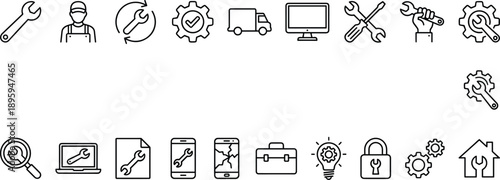“Repair service icon collection, professional tool and maintenance symbols, device fixing vector set, technical support and equipment repair graphics”