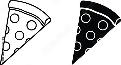 Black and White Outlined Pizza Slice Icons with Pepperoni on a White Background