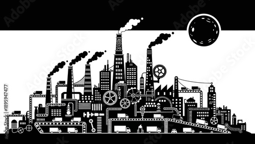 Industrial cityscape silhouette with manufacturing factory smoke stacks gears and heavy trucks logistics background vector illustration for business