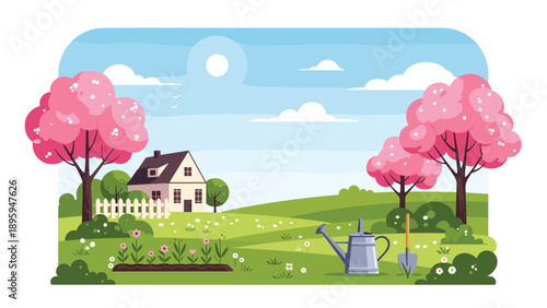 Peaceful spring landscape with a small cottage, blooming pink trees, a flower garden, and gardening tools in the field under a sunny sky.