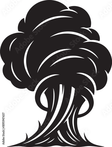 Black and white illustration of a large stormy tornado cloud