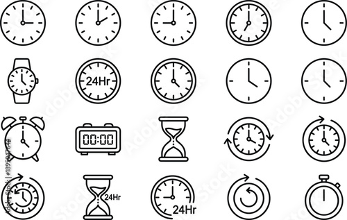 “Clock and time icon collection, stopwatch hourglass symbols, 24-hour service graphics, alarm and timer illustrations, deadline and schedule vector set”