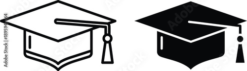 Graduation Cap Icon Mortarboard Symbol in Black and White Outline and Silhouette Style