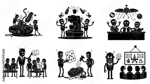Industrial robot automation process illustration featuring black silhouettes of futuristic mechanical droids working together on complex hardware