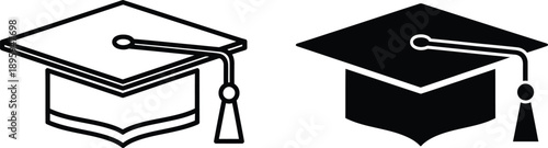 Outlined and Solid Black Silhouette of Graduation Caps with Tassels Isolated on White