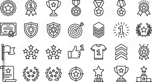 Award icons set, trophy medal achievement illustration collection, ranking badge symbols, certification success graphics, winner recognition elements for excellence and competition