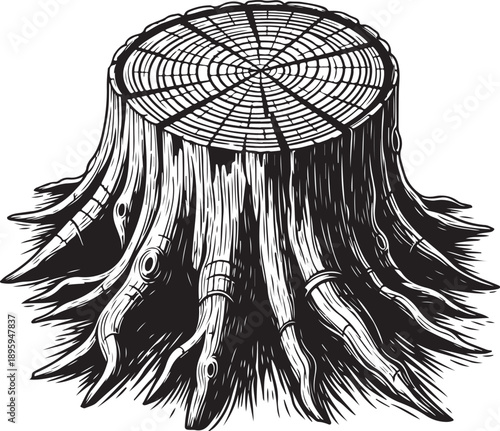 Detailed black and white illustration of old tree stump with roots, natural texture and grunge style for rustic or environmental themes