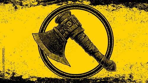 A black and white illustration of an axe enclosed in a circle, set against a yellow backdrop