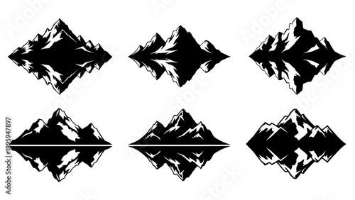 Mountain range reflection landscape silhouettes set featuring snowy peaks and rocky summits for outdoor adventure and travel concept design projects