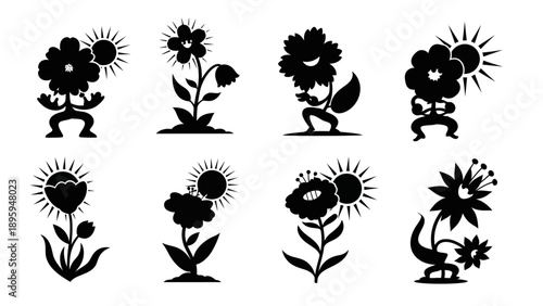 Abstract flower character illustrations with sun symbols for summer garden design silhouette vector icons collection isolated on white background
