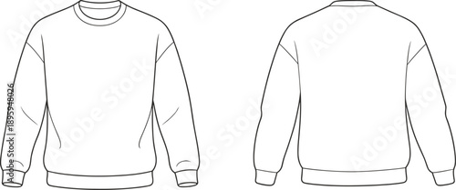 Basic crewneck sweatshirt flat sketch, front and back view, fashion technical drawing, apparel design template, vector illustration, ribbed cuffs, neckline, hem